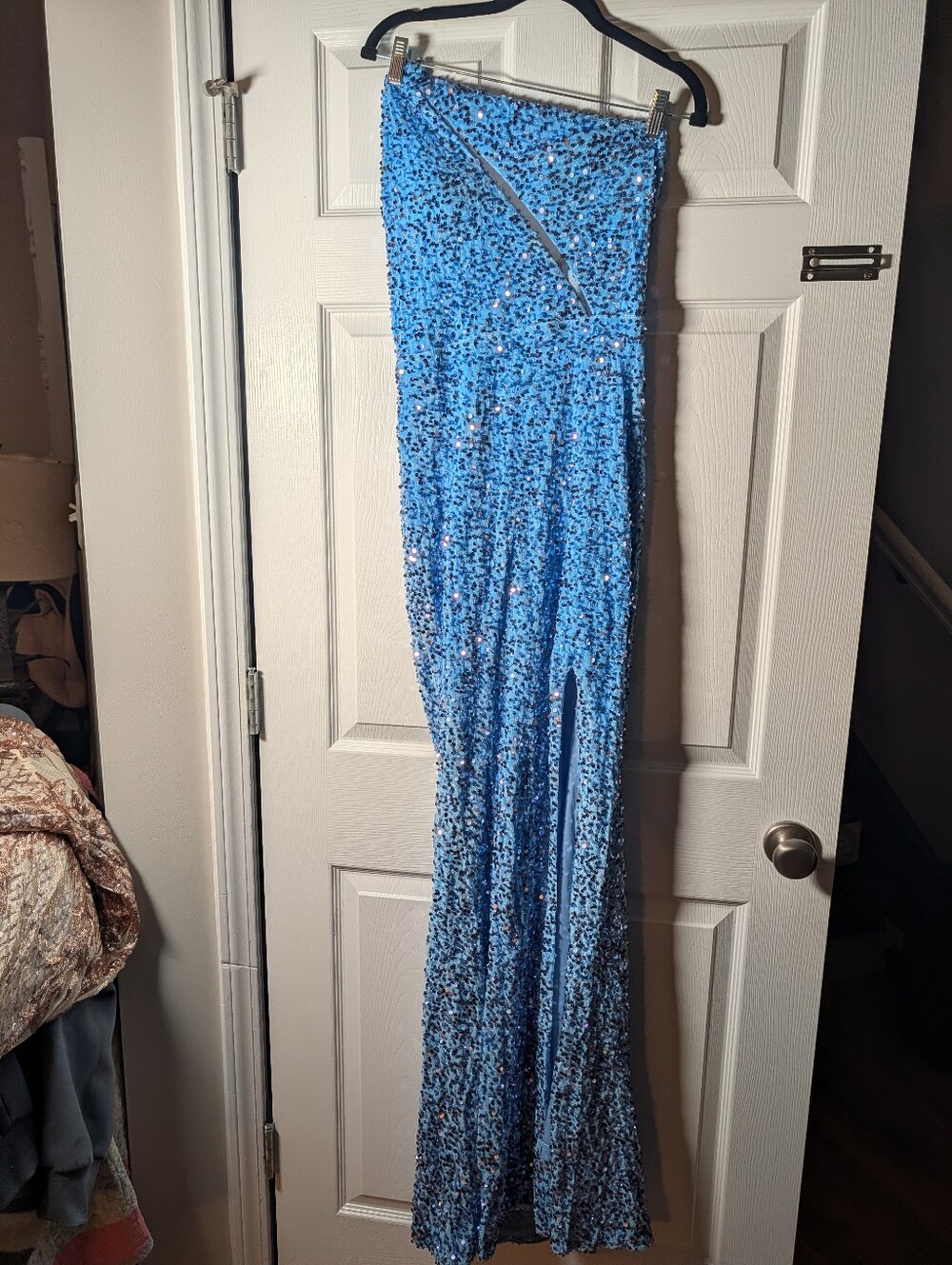 Blue Sequin Velvet One Shoulder Maxi Gown Cutout Lace-Up Back Slit NwTs